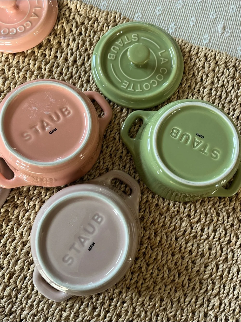 Staub Three-Piece Mini Cocotte Collection in Pink, Green, Taupe